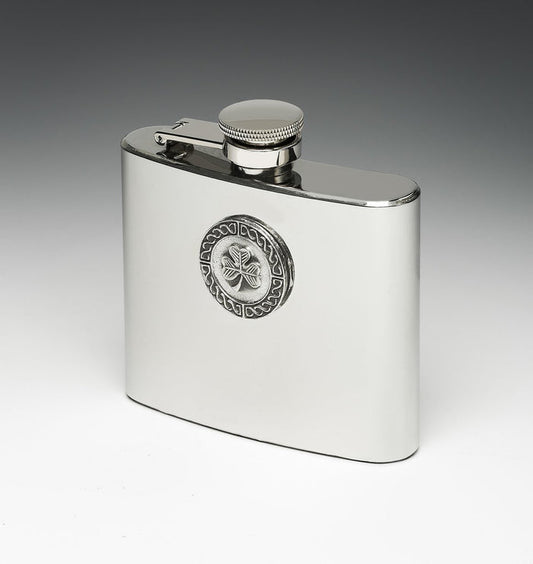 Whiskey Hip Flask with Shamrock Design by Mullingar Pewter