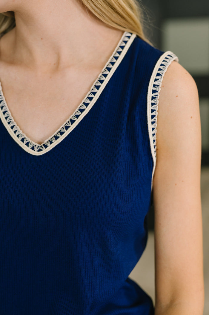 Whisper Trim Detailed V-Neck Tank in Navy by Dear Scarlett