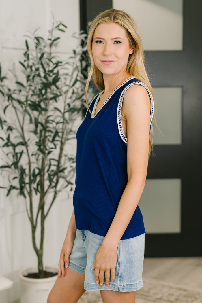 Whisper Trim Detailed V-Neck Tank in Navy by Dear Scarlett