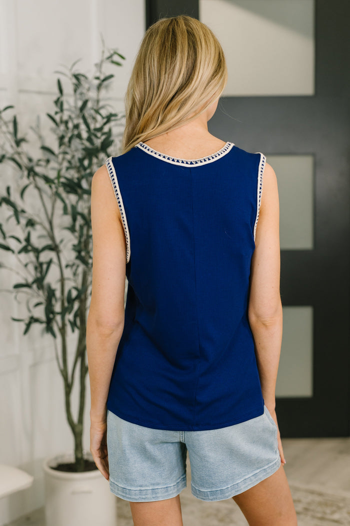 Whisper Trim Detailed V-Neck Tank in Navy by Dear Scarlett