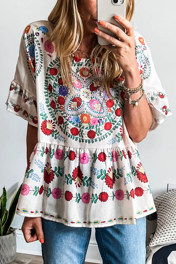 White Boho Floral Print Round Neck Ruffle Trim Blouse - S / 100% Polyester - Tops/Blouses & Shirts