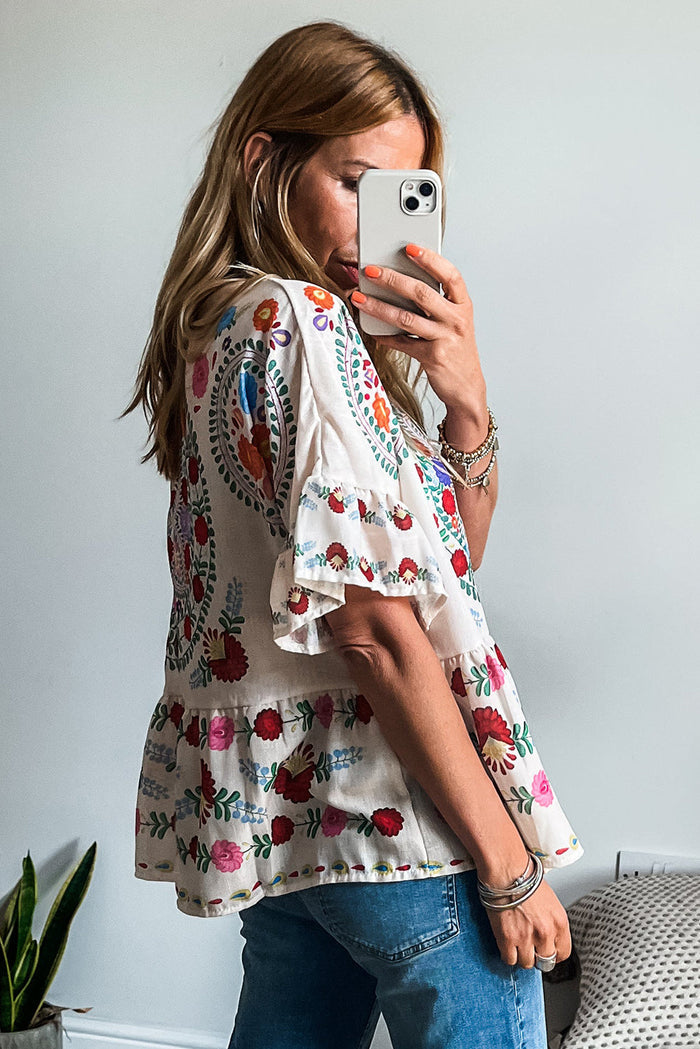 White Boho Floral Print Round Neck Ruffle Trim Blouse - Tops/Blouses & Shirts