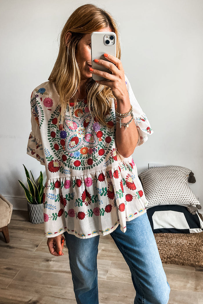 White Boho Floral Print Round Neck Ruffle Trim Blouse - Tops/Blouses & Shirts