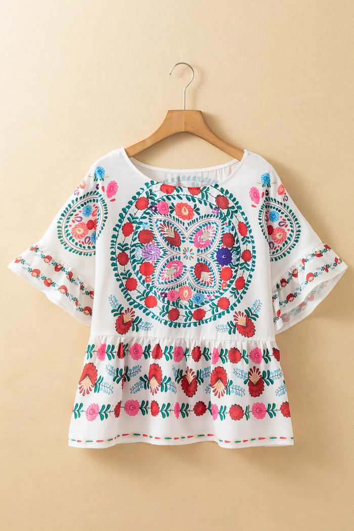 White Boho Floral Print Round Neck Ruffle Trim Blouse - Tops/Blouses & Shirts