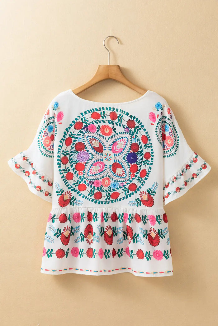 White Boho Floral Print Round Neck Ruffle Trim Blouse - Tops/Blouses & Shirts
