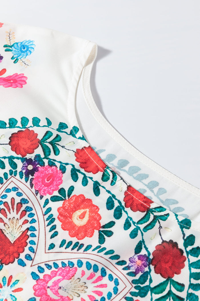 White Boho Floral Print Round Neck Ruffle Trim Blouse - Tops/Blouses & Shirts