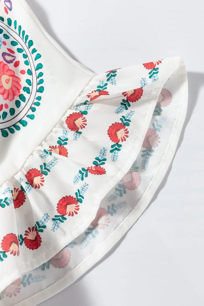 White Boho Floral Print Round Neck Ruffle Trim Blouse - Tops/Blouses & Shirts