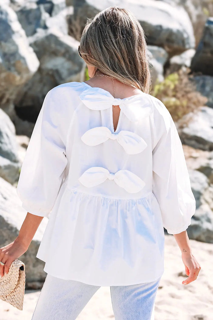 Shop White Bow Knot Cutout Back Loose Fit 3/4 Sleeve Blouse at eAura