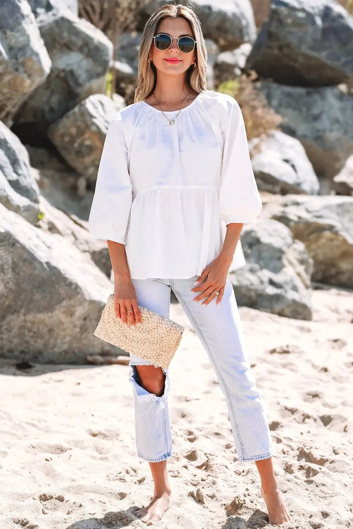 Shop White Bow Knot Cutout Back Loose Fit 3/4 Sleeve Blouse at eAura