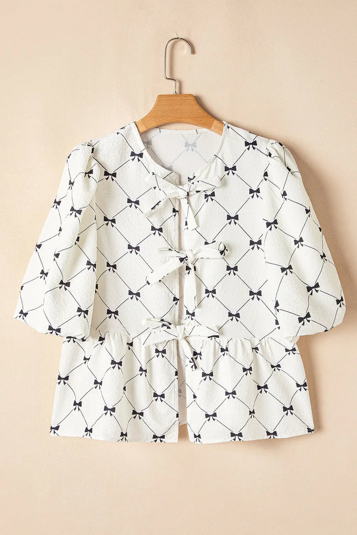 White Bowknot Print Front Knots Bubble Sleeve Blouse - S / 100% Polyester - Tops/Blouses & Shirts