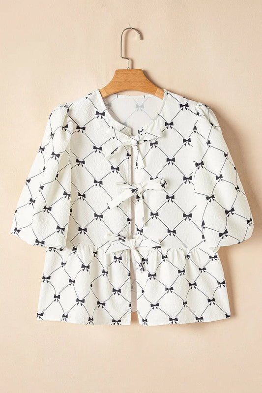 White Bowknot Print Front Knots Bubble Sleeve Blouse - S / 100% Polyester - Tops/Blouses & Shirts