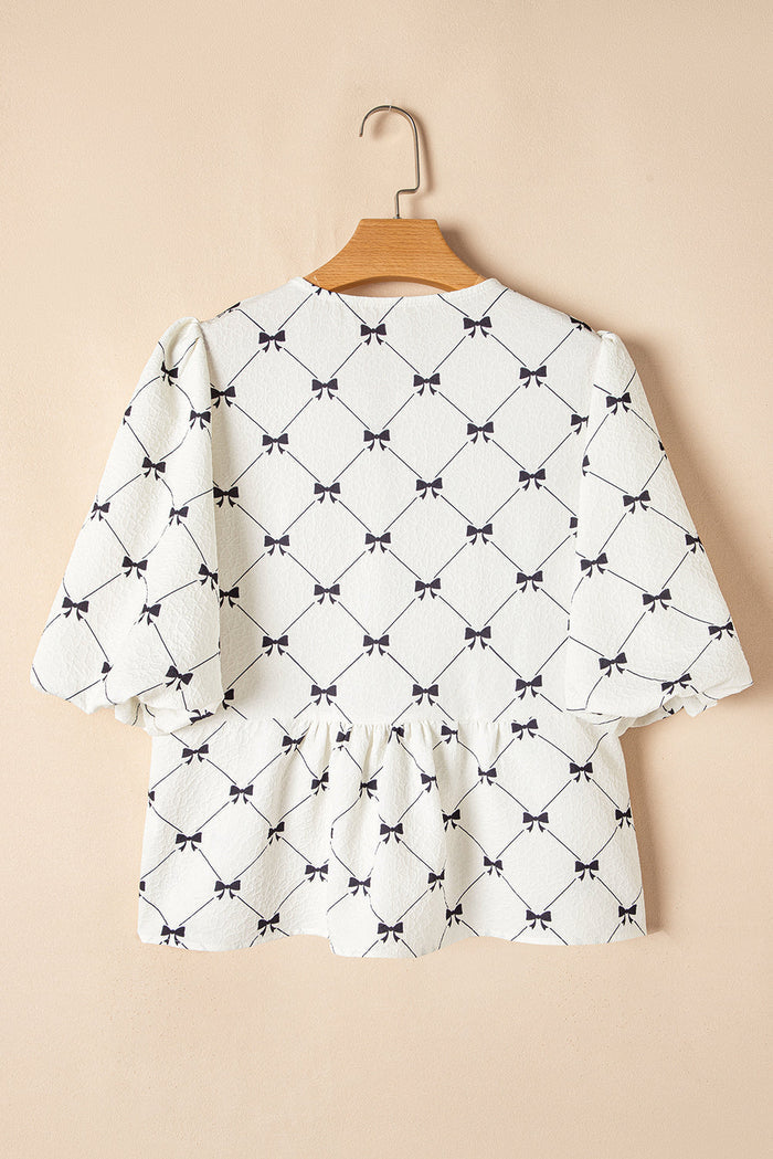 White Bowknot Print Front Knots Bubble Sleeve Blouse - Tops/Blouses & Shirts
