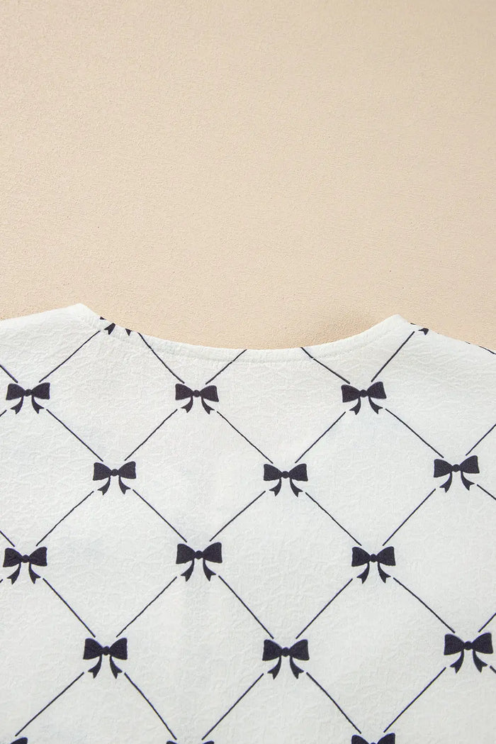 White Bowknot Print Front Knots Bubble Sleeve Blouse - Tops/Blouses & Shirts
