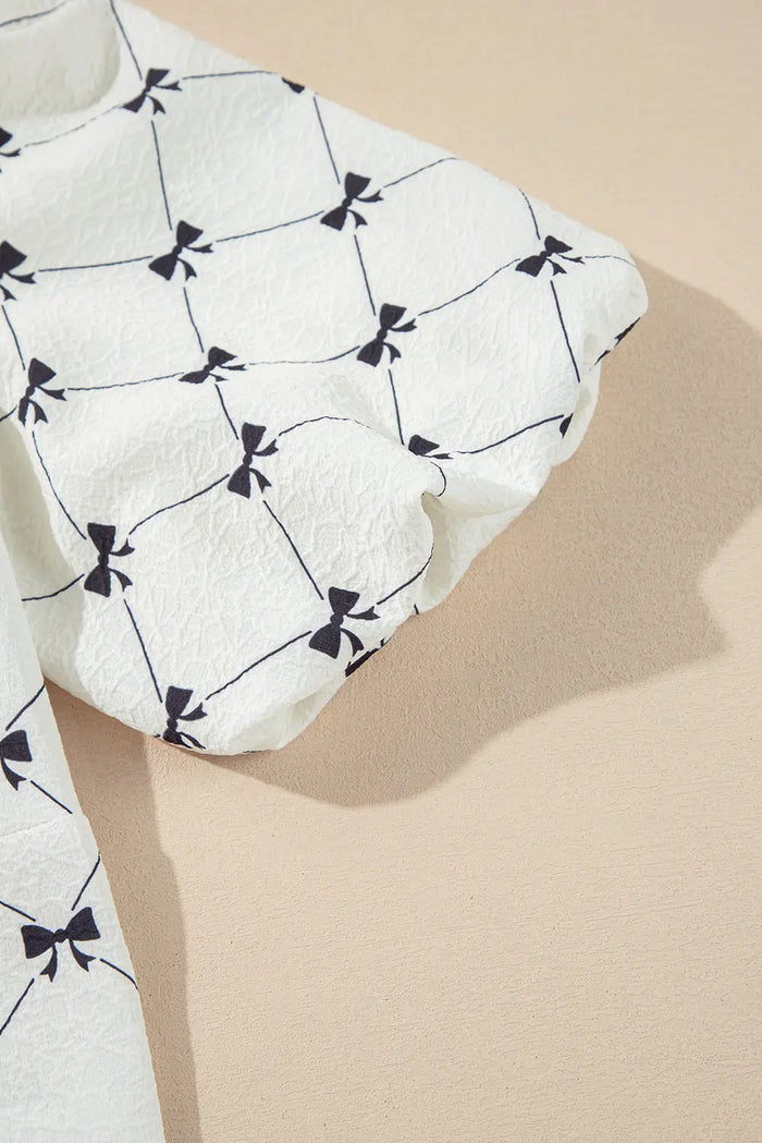 White Bowknot Print Front Knots Bubble Sleeve Blouse - Tops/Blouses & Shirts