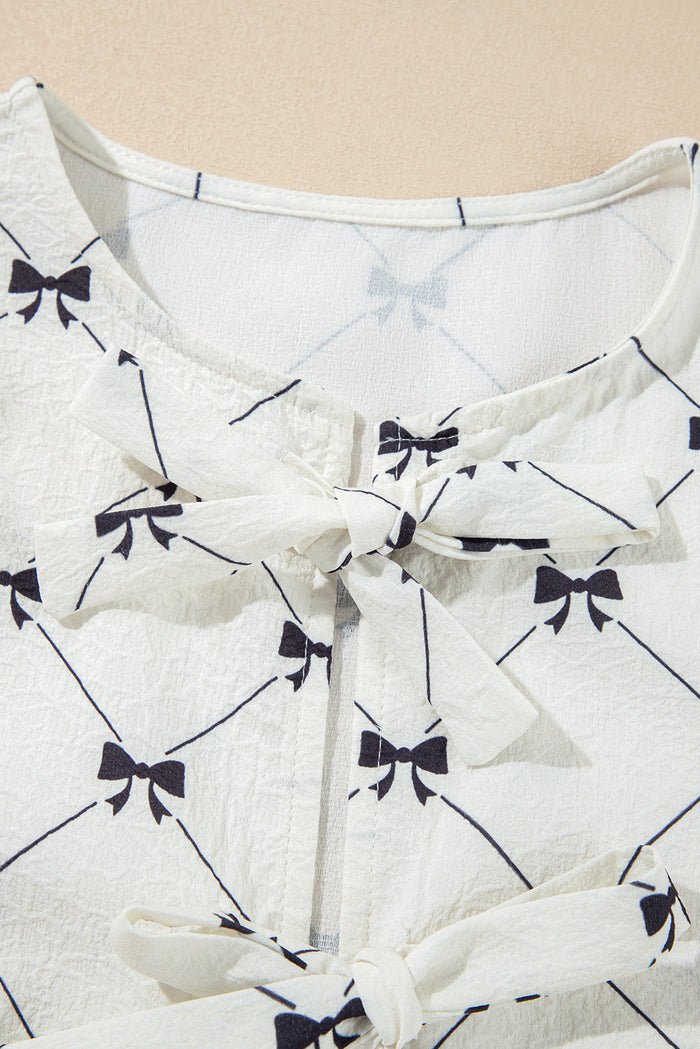White Bowknot Print Front Knots Bubble Sleeve Blouse - Tops/Blouses & Shirts
