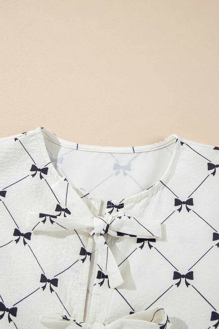 White Bowknot Print Front Knots Bubble Sleeve Blouse - Tops/Blouses & Shirts