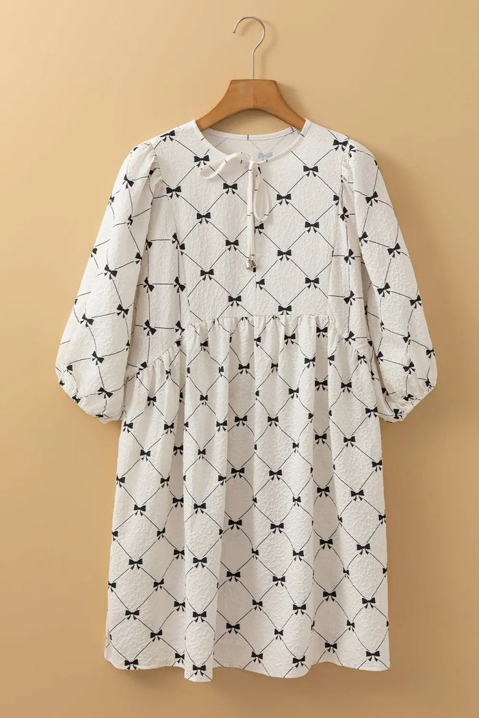 White Bowtie Pattern Textured Puff Half Sleeve Loose Mini Dress - Dresses/Mini Dresses