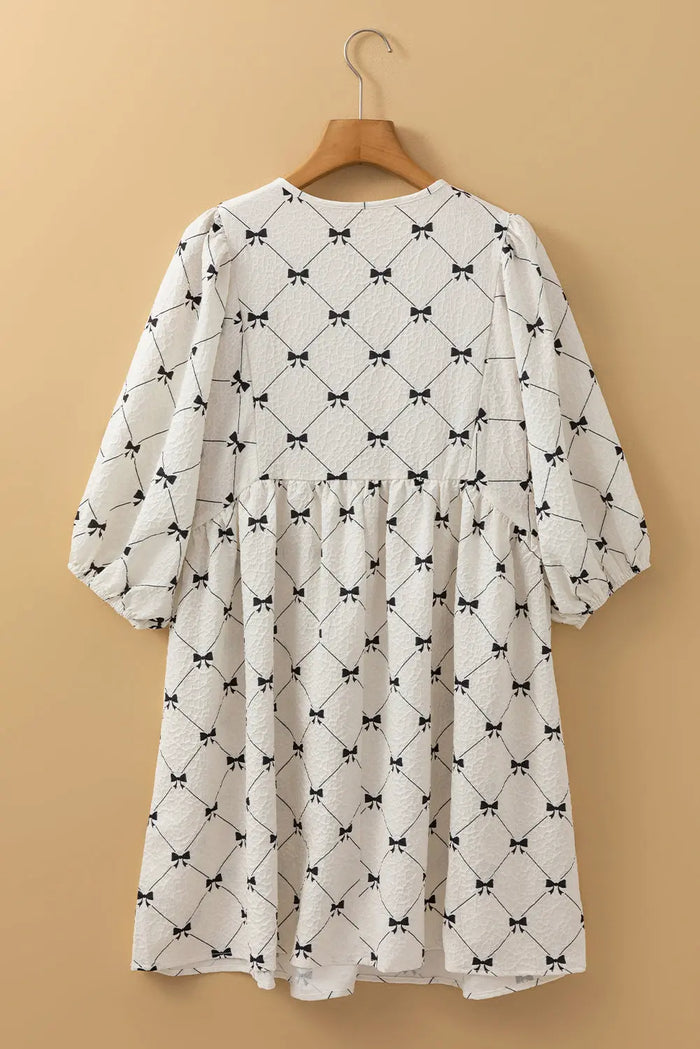 White Bowtie Pattern Textured Puff Half Sleeve Loose Mini Dress - Dresses/Mini Dresses