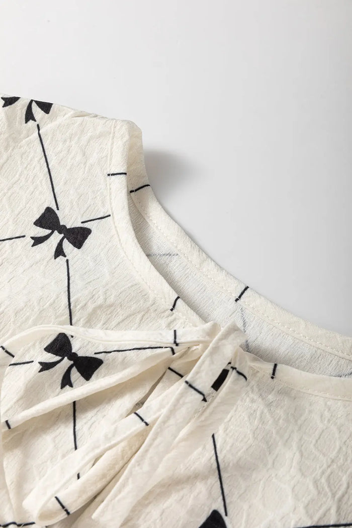 White Bowtie Pattern Textured Puff Half Sleeve Loose Mini Dress - Dresses/Mini Dresses