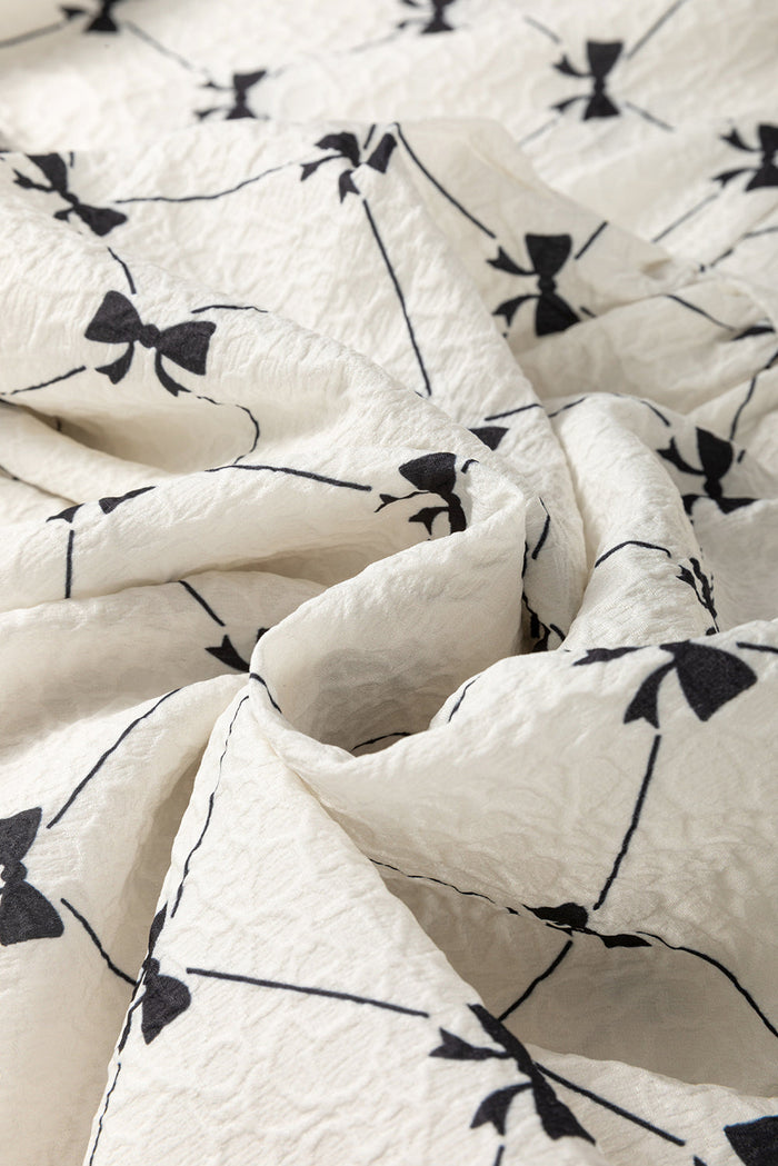 White Bowtie Pattern Textured Puff Half Sleeve Loose Mini Dress - Dresses/Mini Dresses