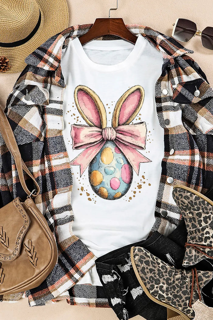 White Easter Egg Bow Bunny Ear Printed T Shirt