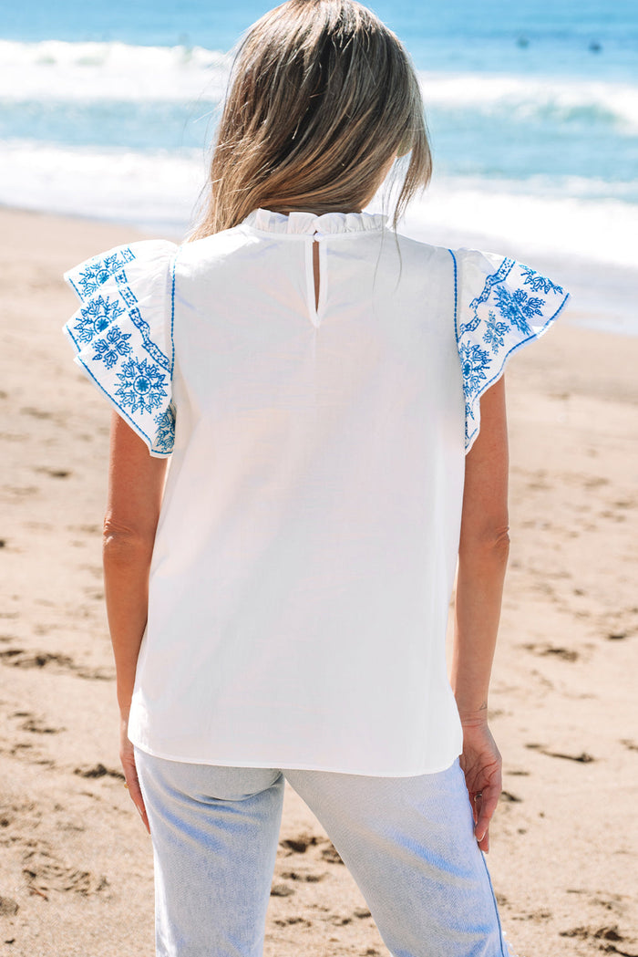 White Embroidered Ruffled Sleeve Frilled Collar Blouse - Tops/Blouses & Shirts