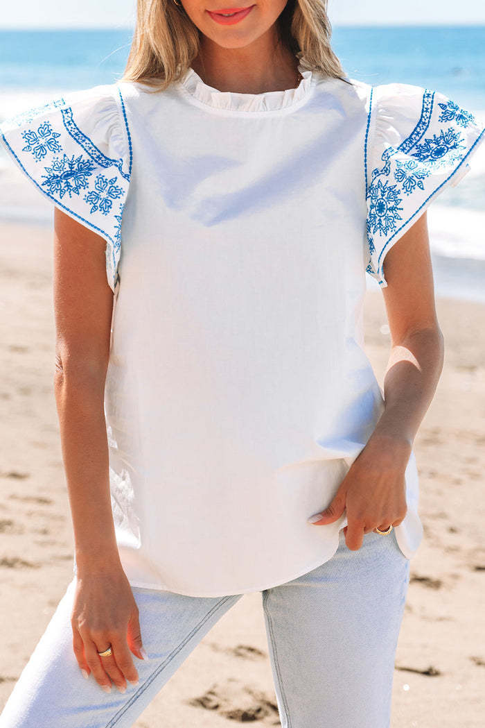 White Embroidered Ruffled Sleeve Frilled Collar Blouse - Tops/Blouses & Shirts