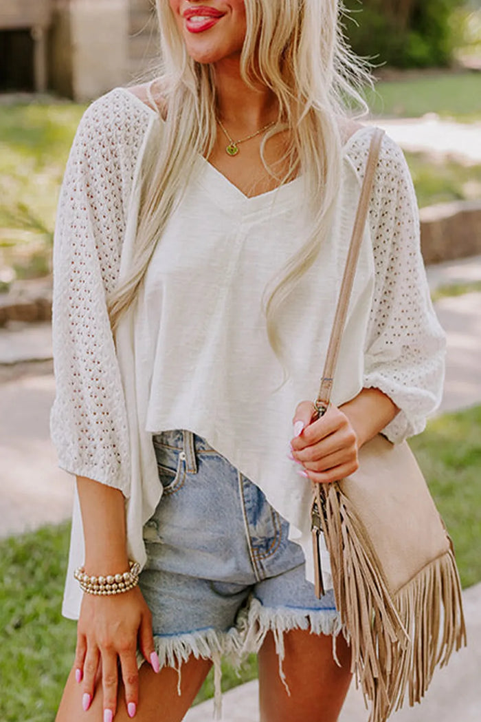White Eyelet Patchwork High Low Hem V Neck Oversized Top - S / 65% Polyester + 35% Cotton - Tops/Long Sleeve Tops