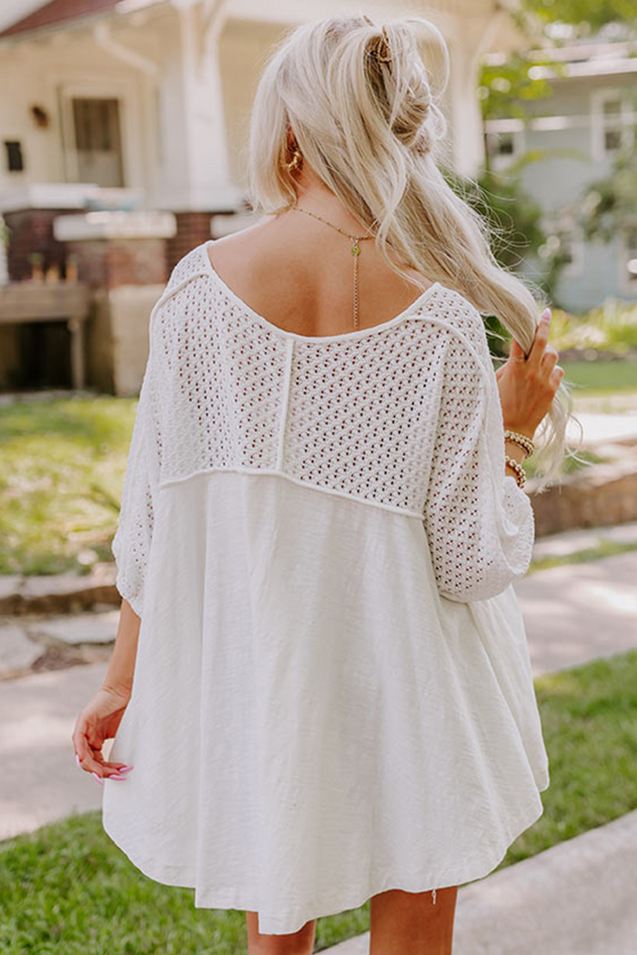 White Eyelet Patchwork High Low Hem V Neck Oversized Top - Tops/Long Sleeve Tops