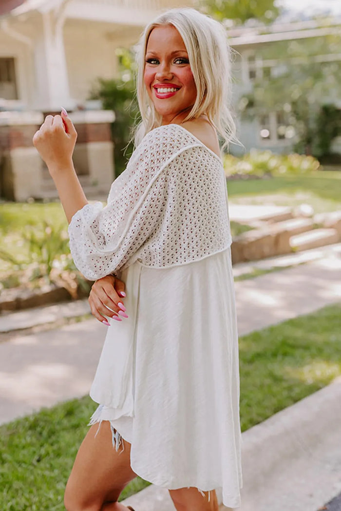 White Eyelet Patchwork High Low Hem V Neck Oversized Top - Tops/Long Sleeve Tops