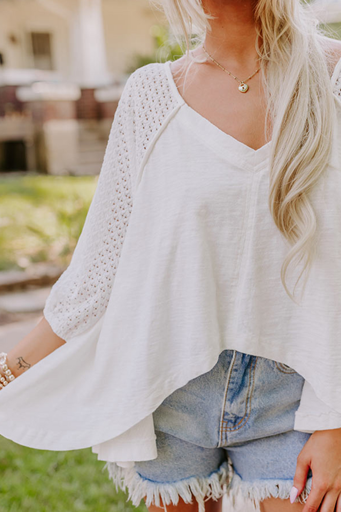 White Eyelet Patchwork High Low Hem V Neck Oversized Top - Tops/Long Sleeve Tops