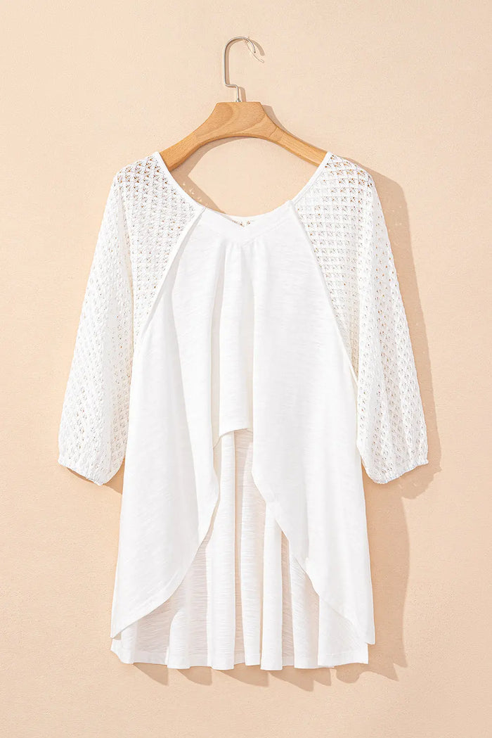 White Eyelet Patchwork High Low Hem V Neck Oversized Top - Tops/Long Sleeve Tops