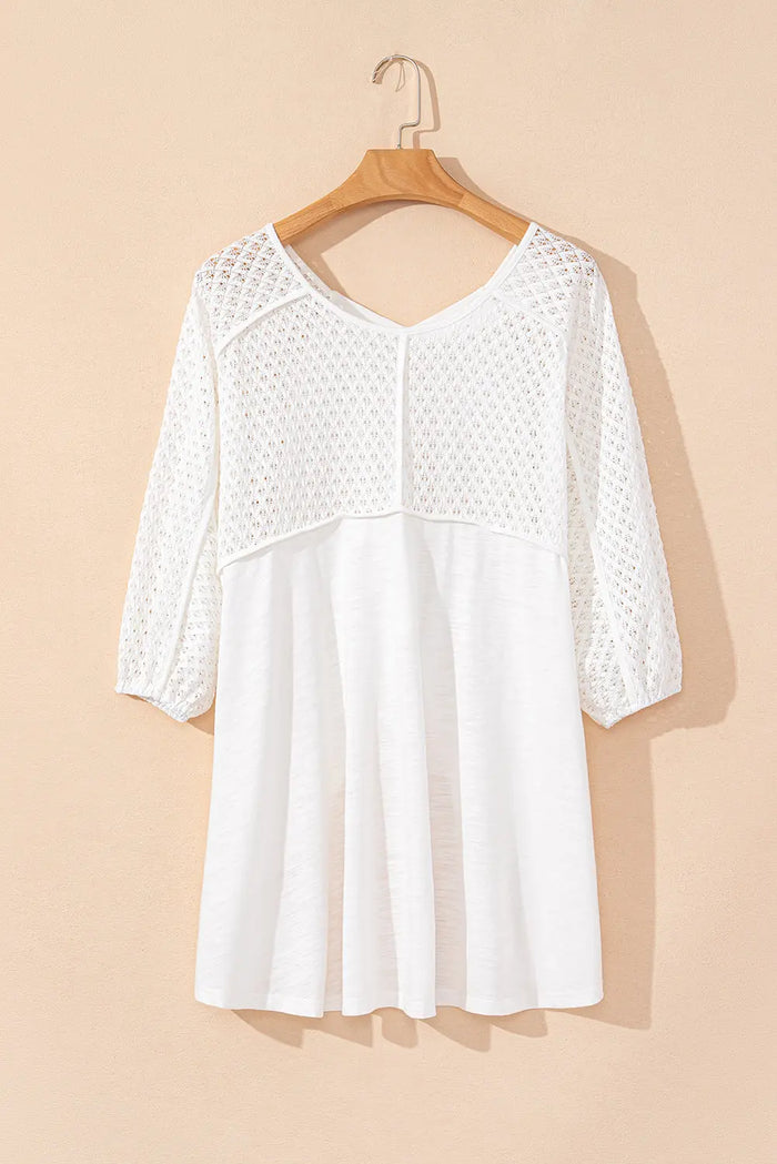 White Eyelet Patchwork High Low Hem V Neck Oversized Top - Tops/Long Sleeve Tops