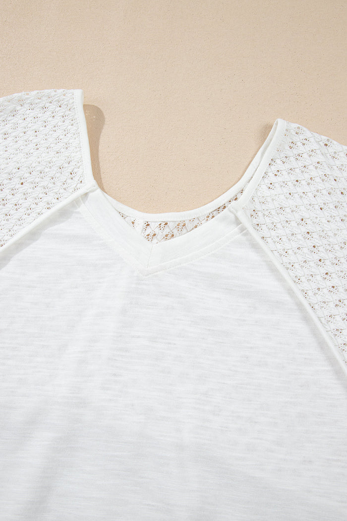 White Eyelet Patchwork High Low Hem V Neck Oversized Top - Tops/Long Sleeve Tops