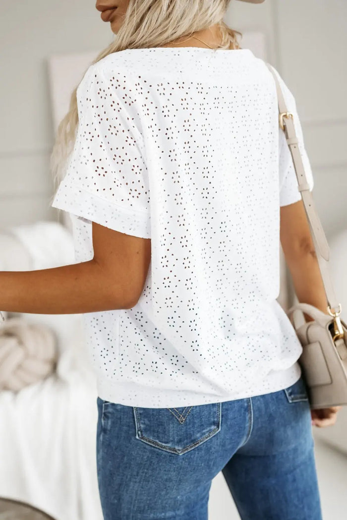 White Eyelet Pattern Boat Neck Casual Tee - Tops/Tops & Tees