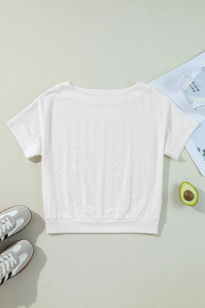 White Eyelet Pattern Boat Neck Casual Tee - Tops/Tops & Tees