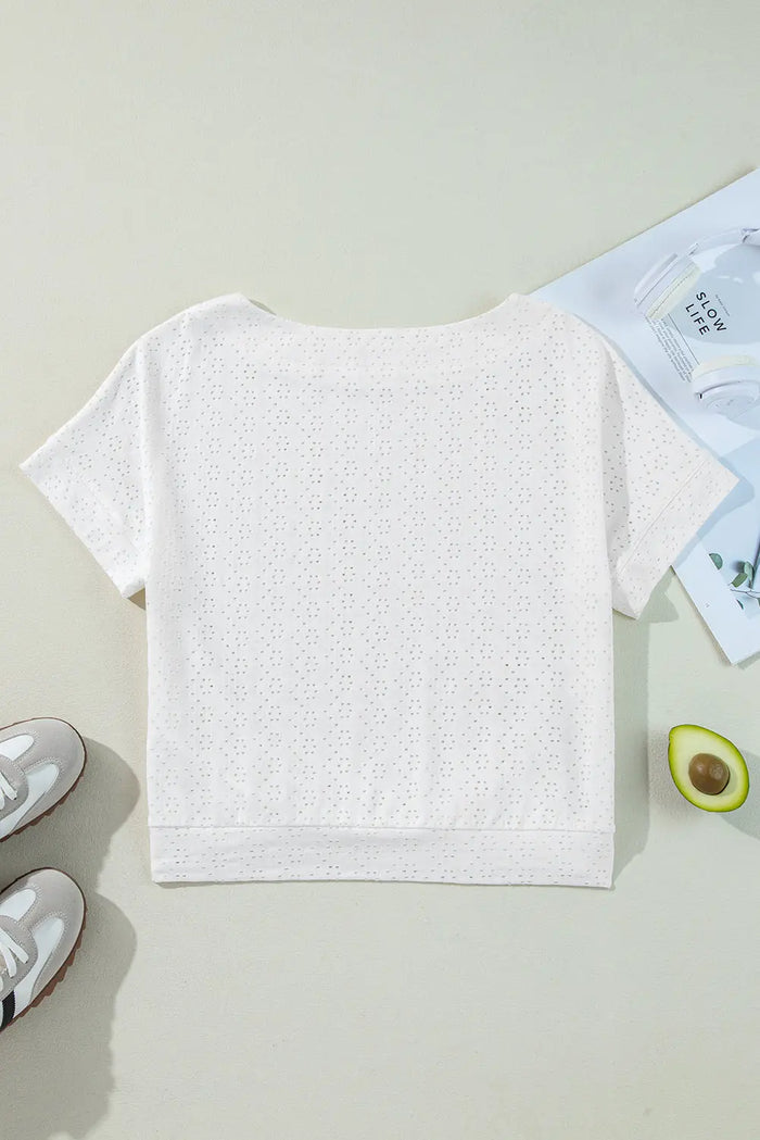 White Eyelet Pattern Boat Neck Casual Tee - Tops/Tops & Tees