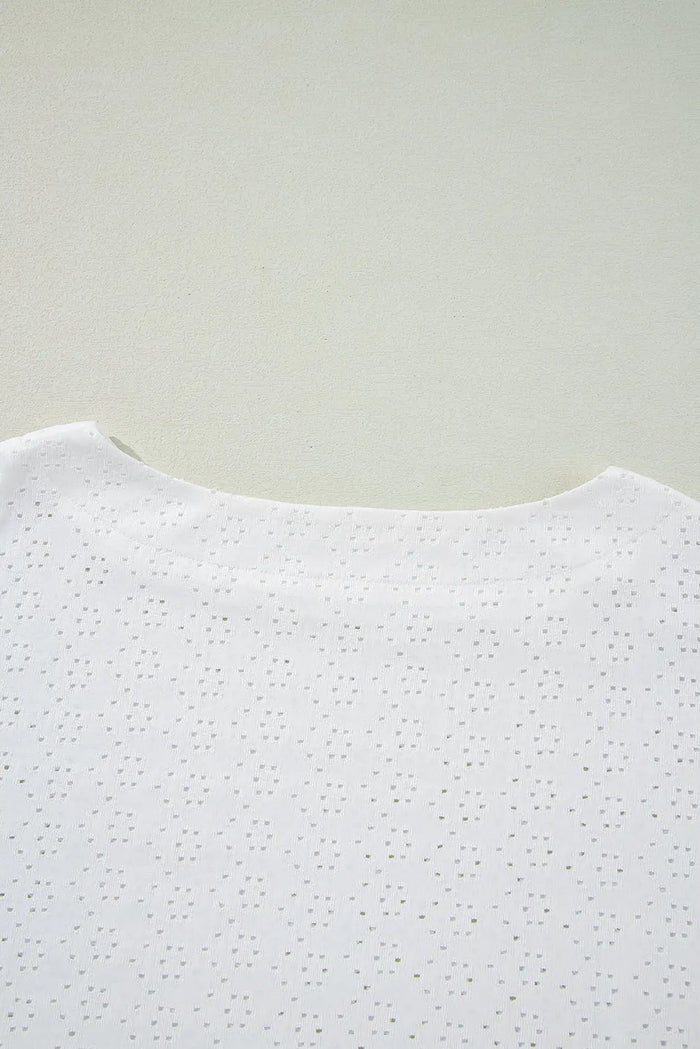 White Eyelet Pattern Boat Neck Casual Tee - Tops/Tops & Tees