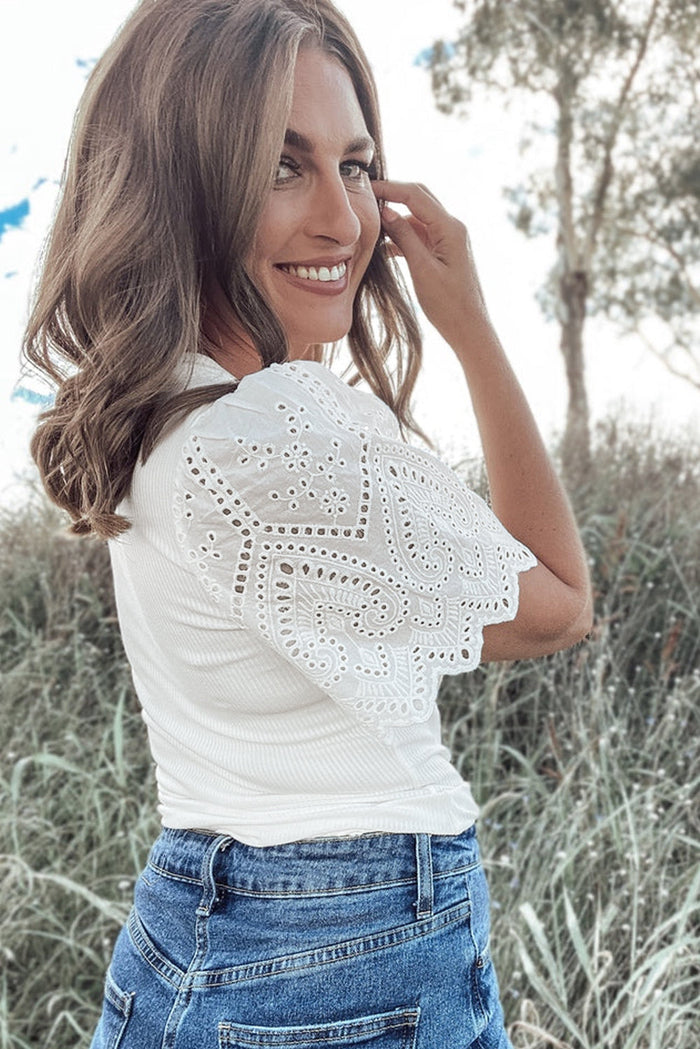 White Eyelet Pattern Short Sleeve Patchwork Ribbed Top - Tops/Tops & Tees