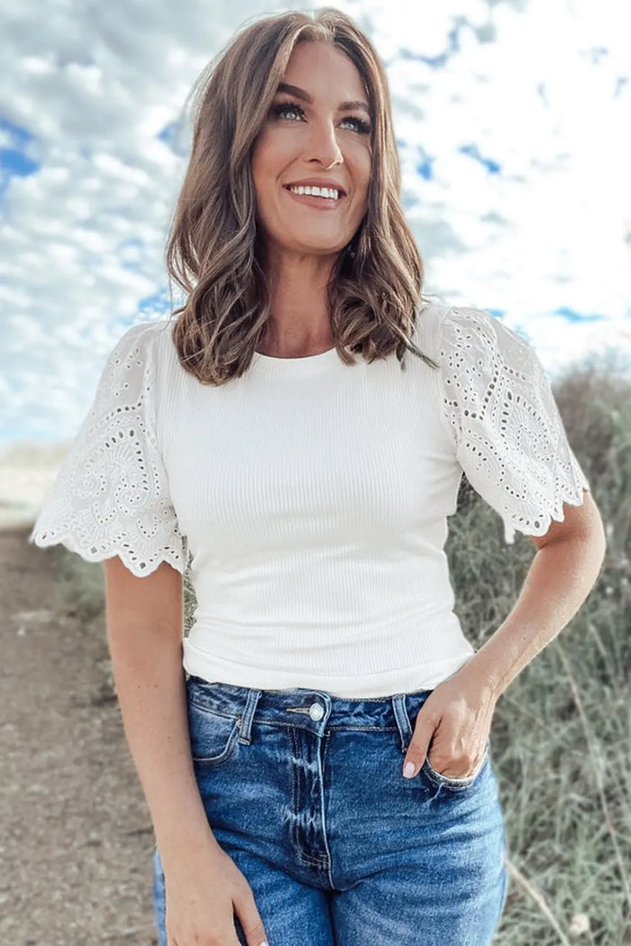 White Eyelet Pattern Short Sleeve Patchwork Ribbed Top - Tops/Tops & Tees