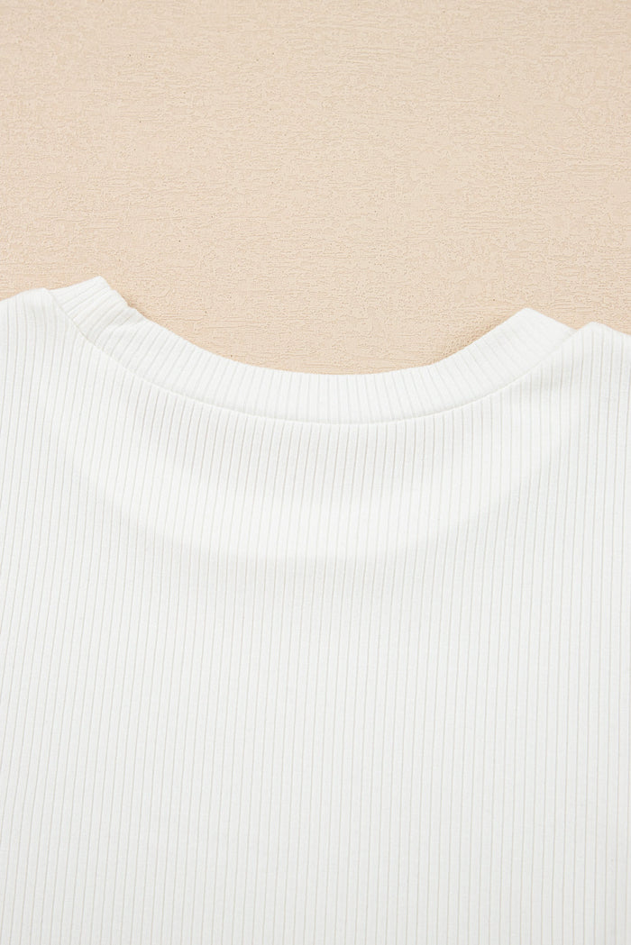 White Eyelet Pattern Short Sleeve Patchwork Ribbed Top - Tops/Tops & Tees