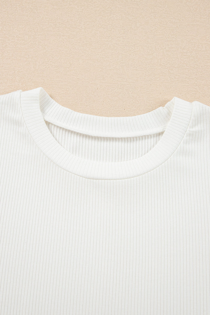 White Eyelet Pattern Short Sleeve Patchwork Ribbed Top - Tops/Tops & Tees