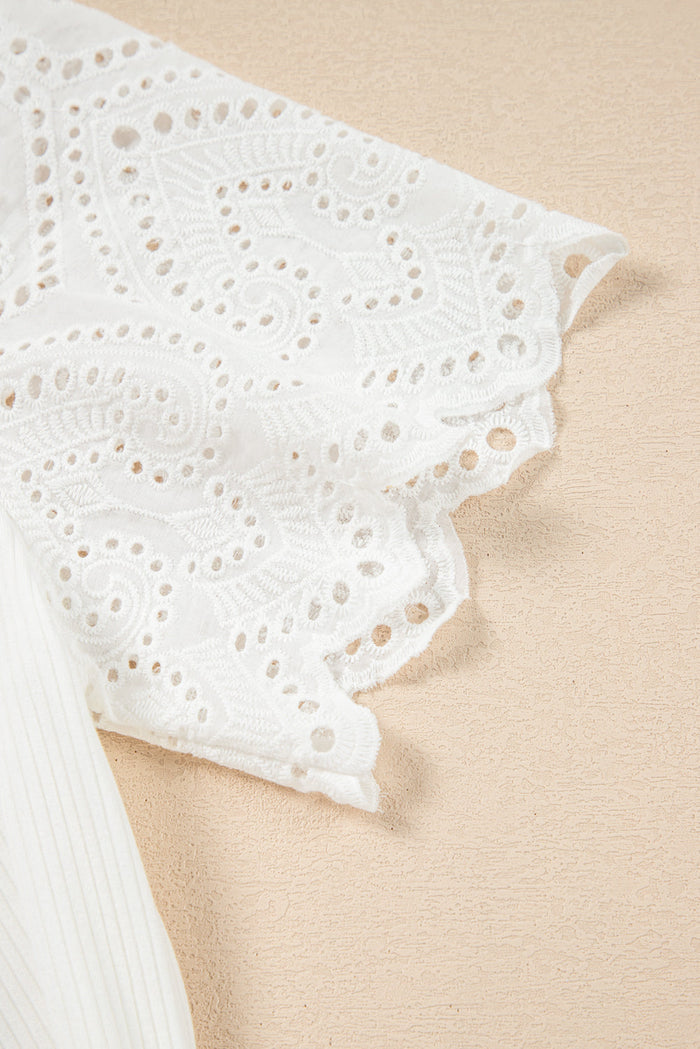 White Eyelet Pattern Short Sleeve Patchwork Ribbed Top - Tops/Tops & Tees