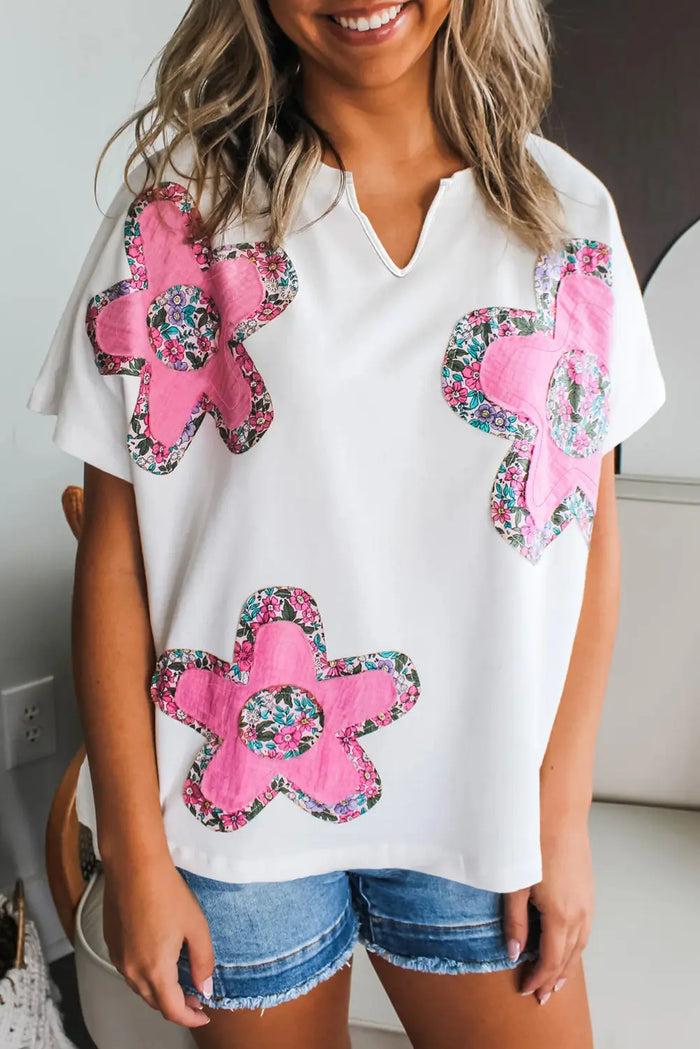 White Floral Applique Notched V Neck Dolman Sleeve Top - S / 85% Polyester + 10% Cotton + 5% Elastane - Tops/Tops & Tees