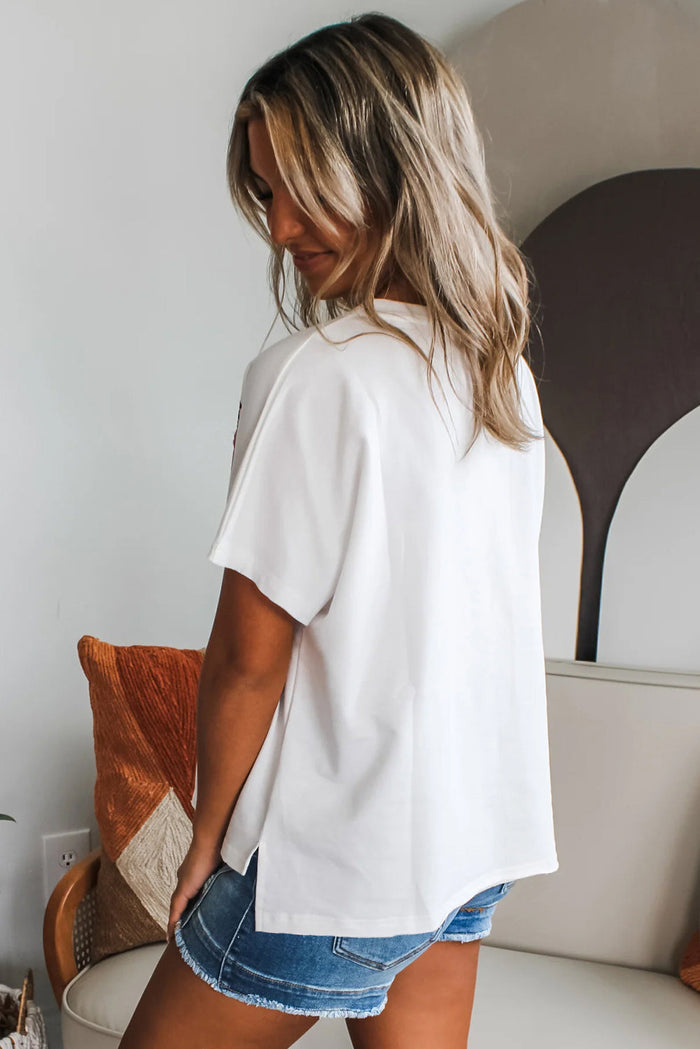 White Floral Applique Notched V Neck Dolman Sleeve Top - Tops/Tops & Tees