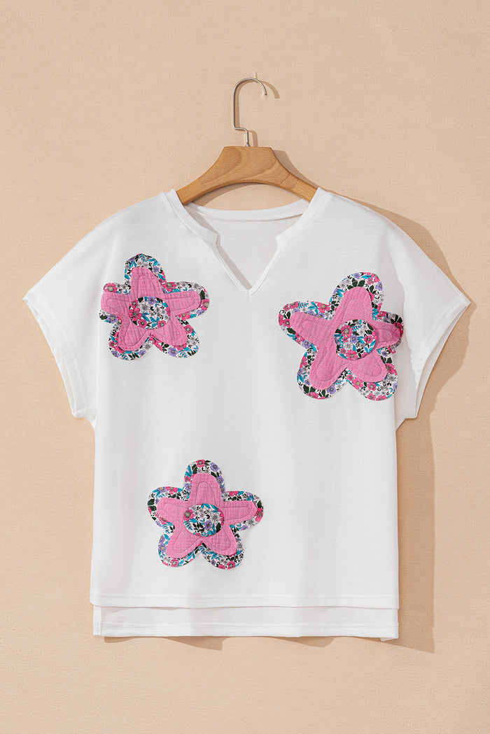 White Floral Applique Notched V Neck Dolman Sleeve Top - Tops/Tops & Tees
