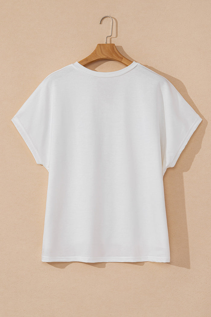 White Floral Applique Notched V Neck Dolman Sleeve Top - Tops/Tops & Tees
