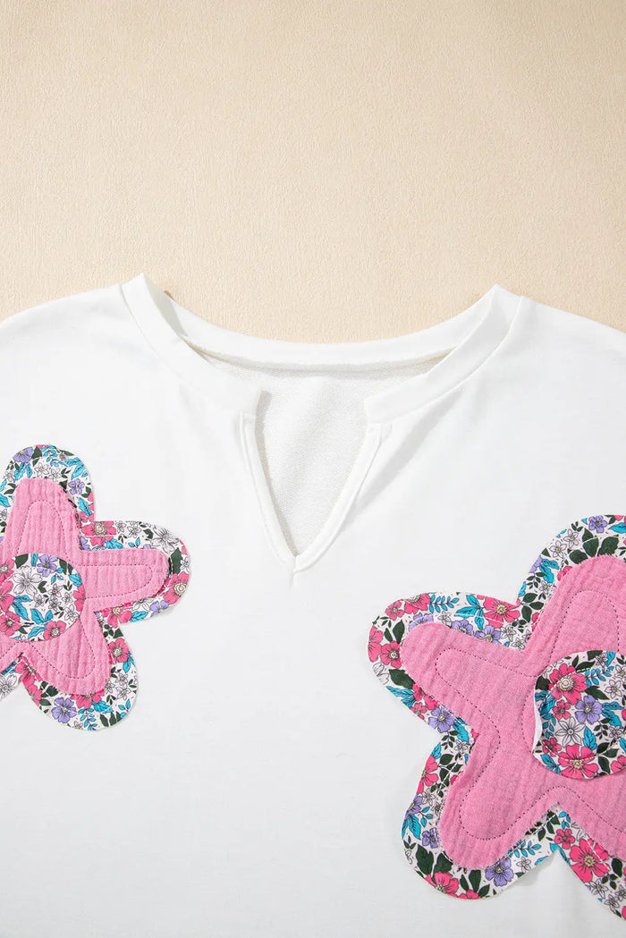 White Floral Applique Notched V Neck Dolman Sleeve Top - Tops/Tops & Tees