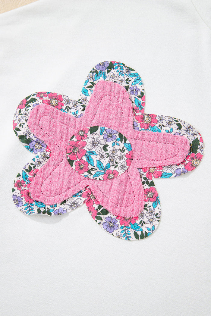 White Floral Applique Notched V Neck Dolman Sleeve Top - Tops/Tops & Tees
