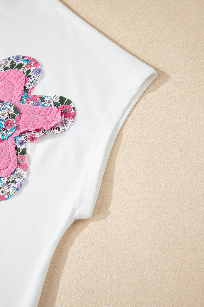 White Floral Applique Notched V Neck Dolman Sleeve Top - Tops/Tops & Tees